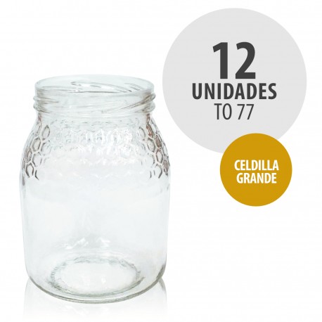 Bote de cristal para Miel 1 Kg Bajo sin Tapa 12 Unidades