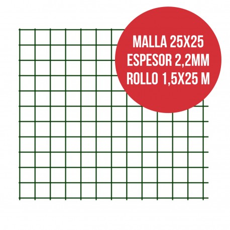 Malla electrosoldada plastificada 25x25 Espesor 2,2mm Rollo 1,5x25m Verde 